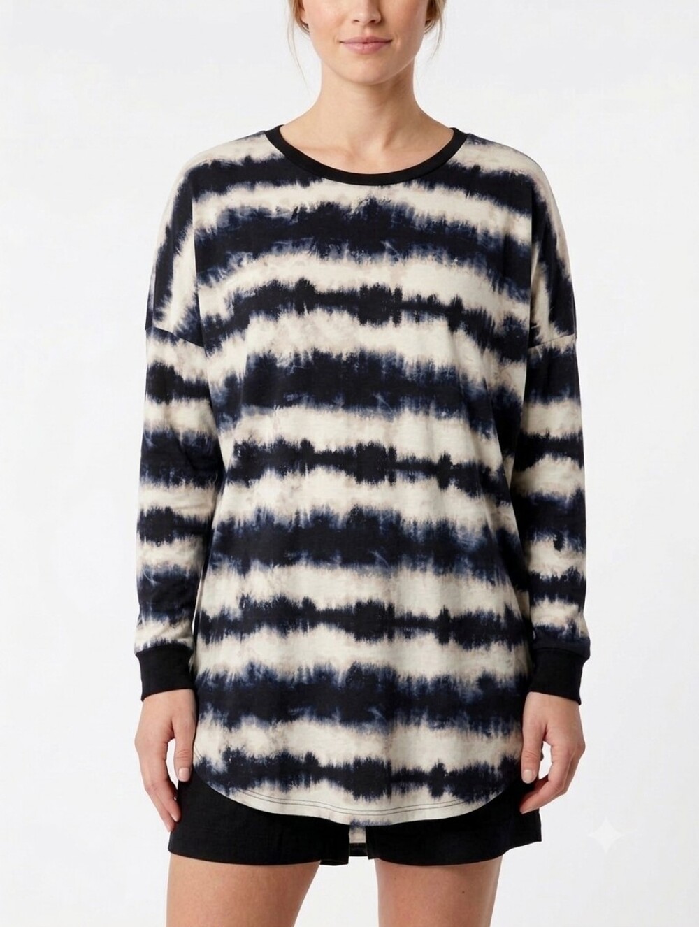 Tie-Dye Long Sleeve Sweater in Black and Cream Up To Size 3XL